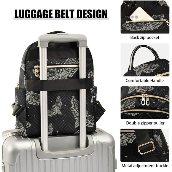 Black Gothic Skull Butterfly Moth Mini Backpack for Women, Water-Resistant Polye - Picture 5 of 7